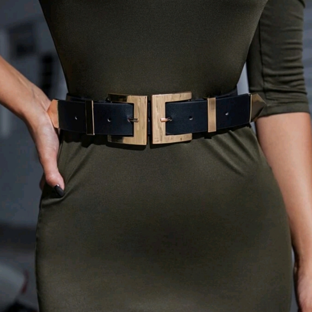 Gold Chunky double buckle Black vegan leather wide waist corset belt - Picture 10 of 16